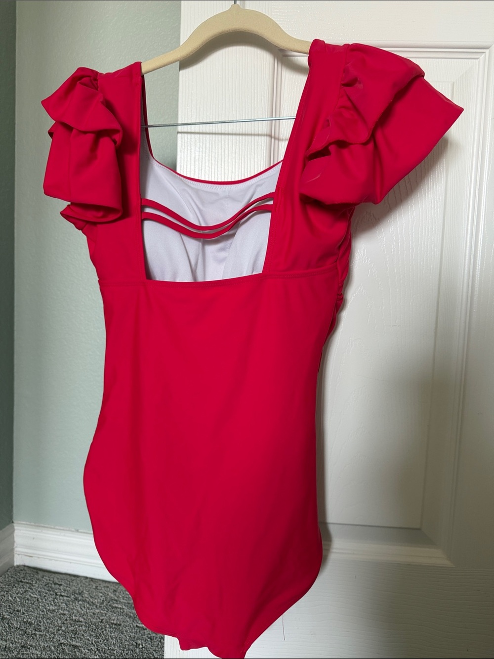 Red Ruffle-Sleeve One-Piece Swimsuit - Picture 5 of 7